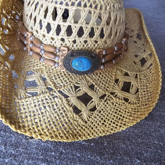 Raffia Straw Cowboy Hat Leon Leather Co Hat Desperado Collection Teal Beaded OS - Picture 2 of 10
